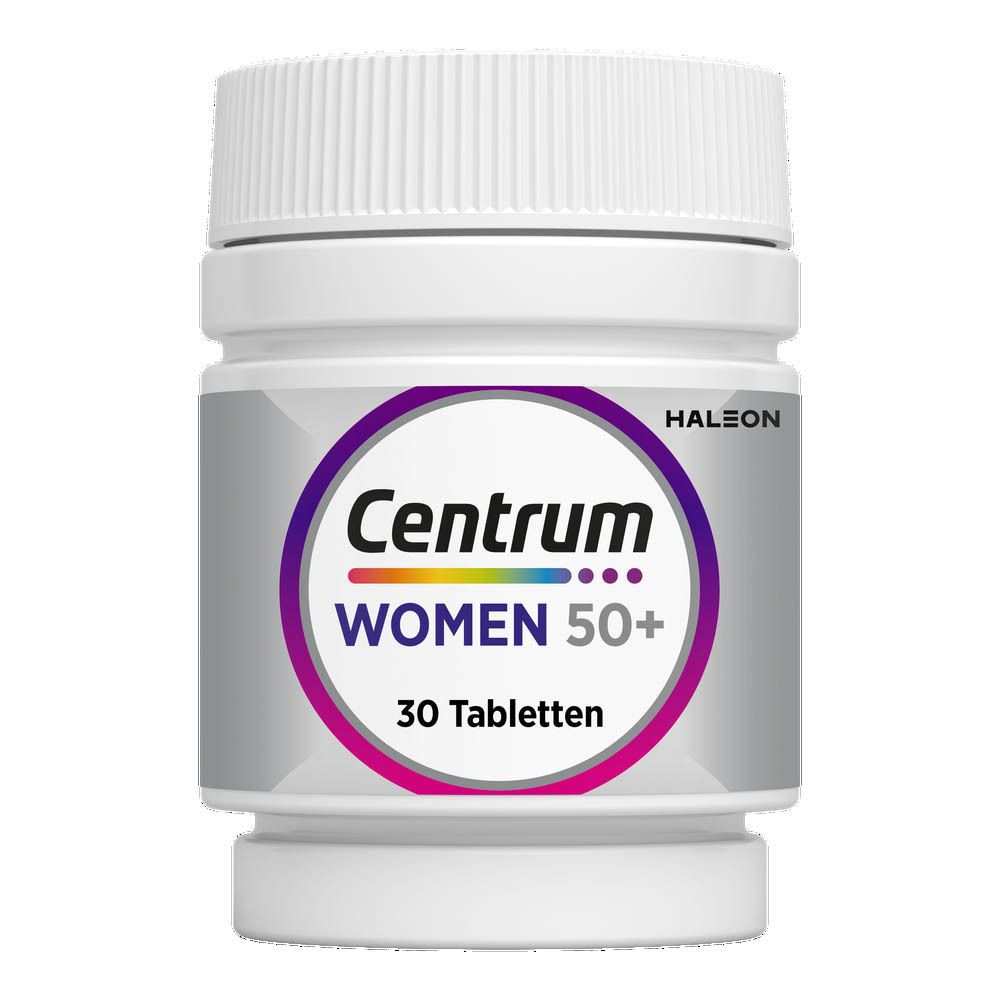 Centrum Women 50+ verpakking met 30 tabletten. Opschrift: 13 vitaminen + 10 mineralen.