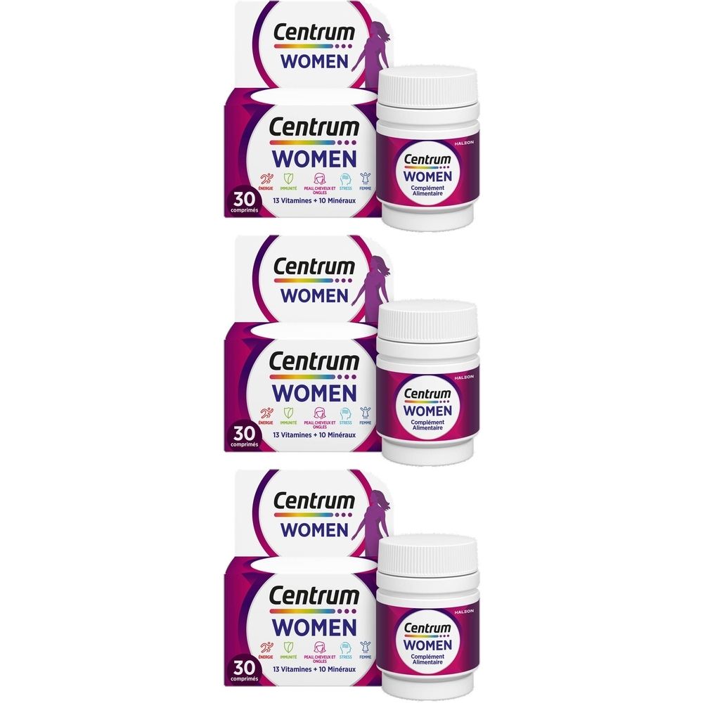 Plusieurs boîtes et flacons Centrum Women. Emballage violet avec logo et texte. Flacons à bouchon blanc et étiquette.