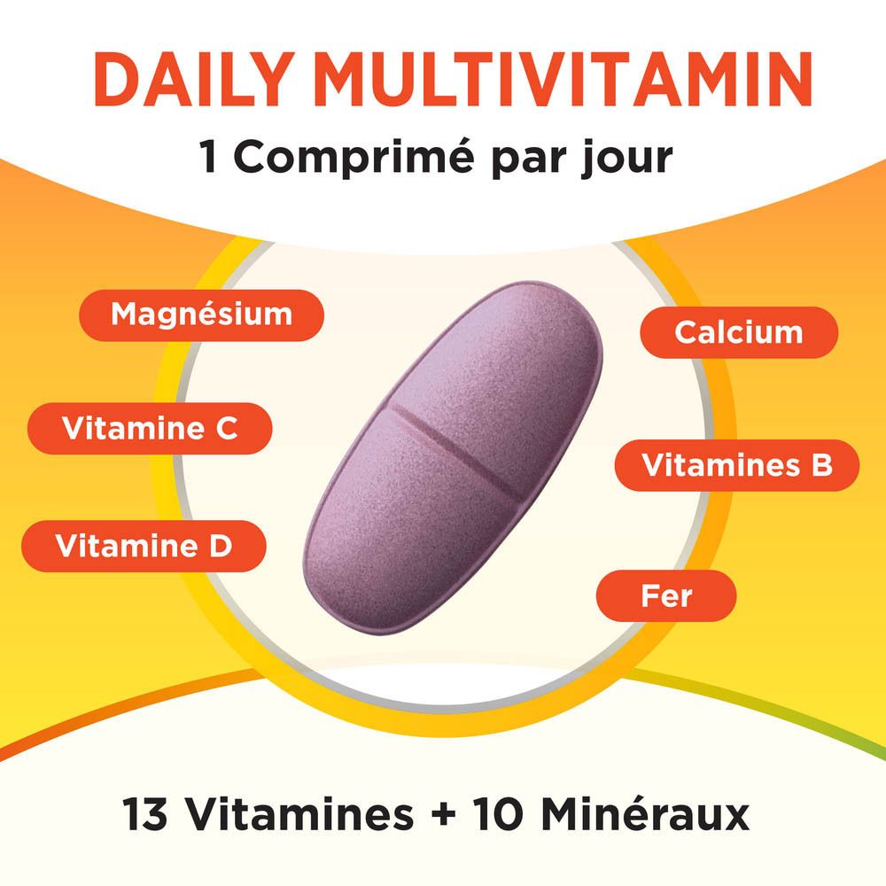 Un comprimé avec les noms des vitamines et minéraux : magnésium, calcium, vitamine C, vitamine B, vitamine D, fer.