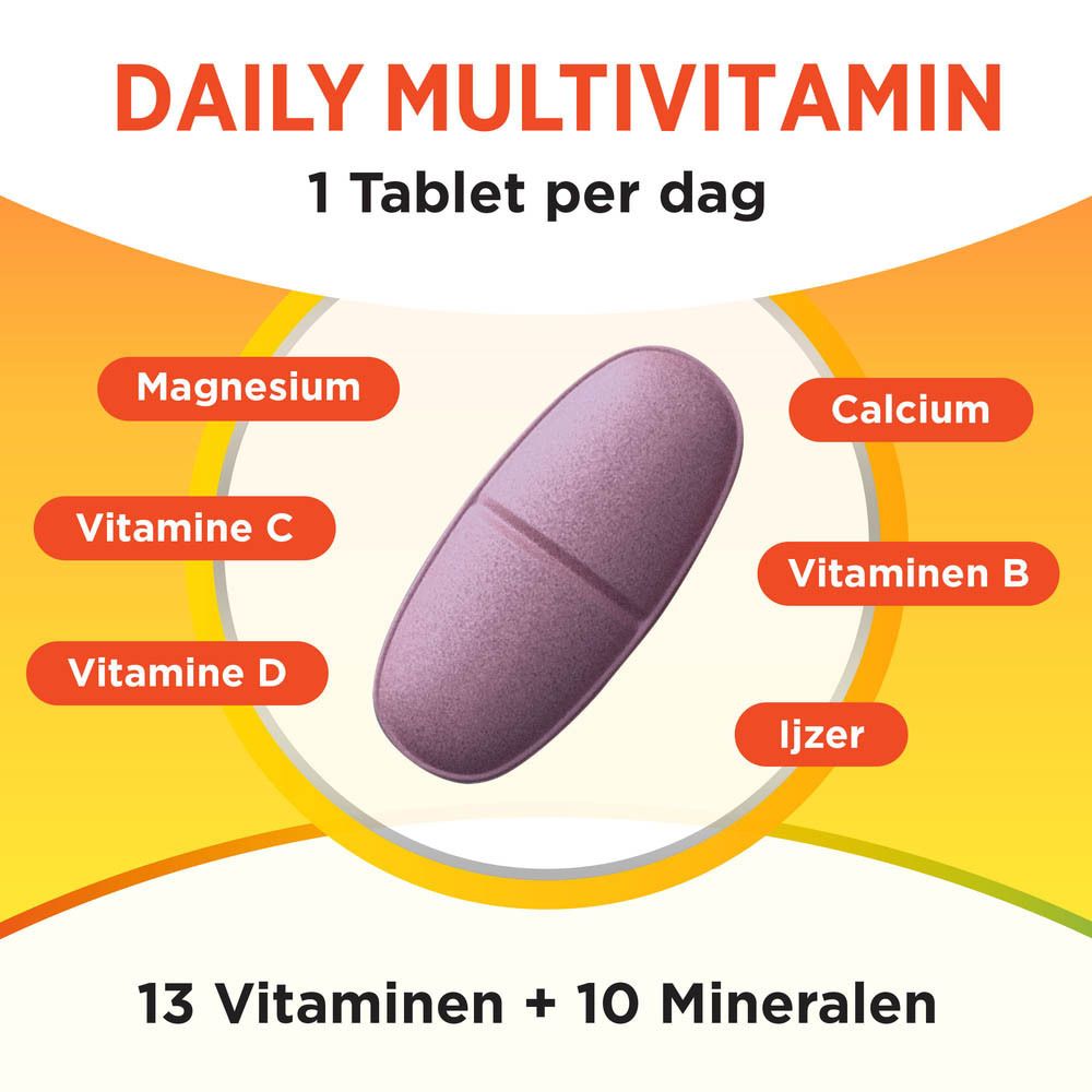 Een tablet met tekst: "DAILY MULTIVITAMIN". Bevat 13 vitaminen + 10 mineralen.