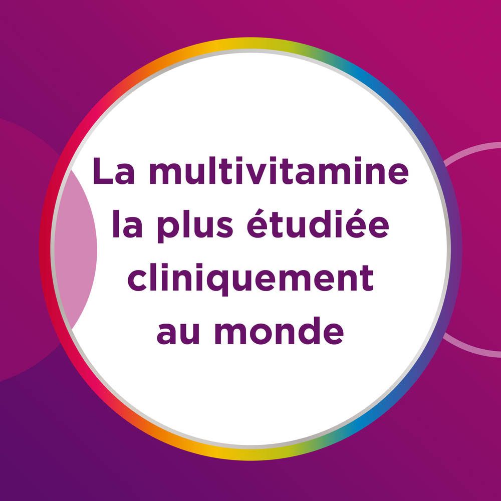 Cirkelvormige tekst: "La multivitamine la plus étudiée cliniquement au monde".