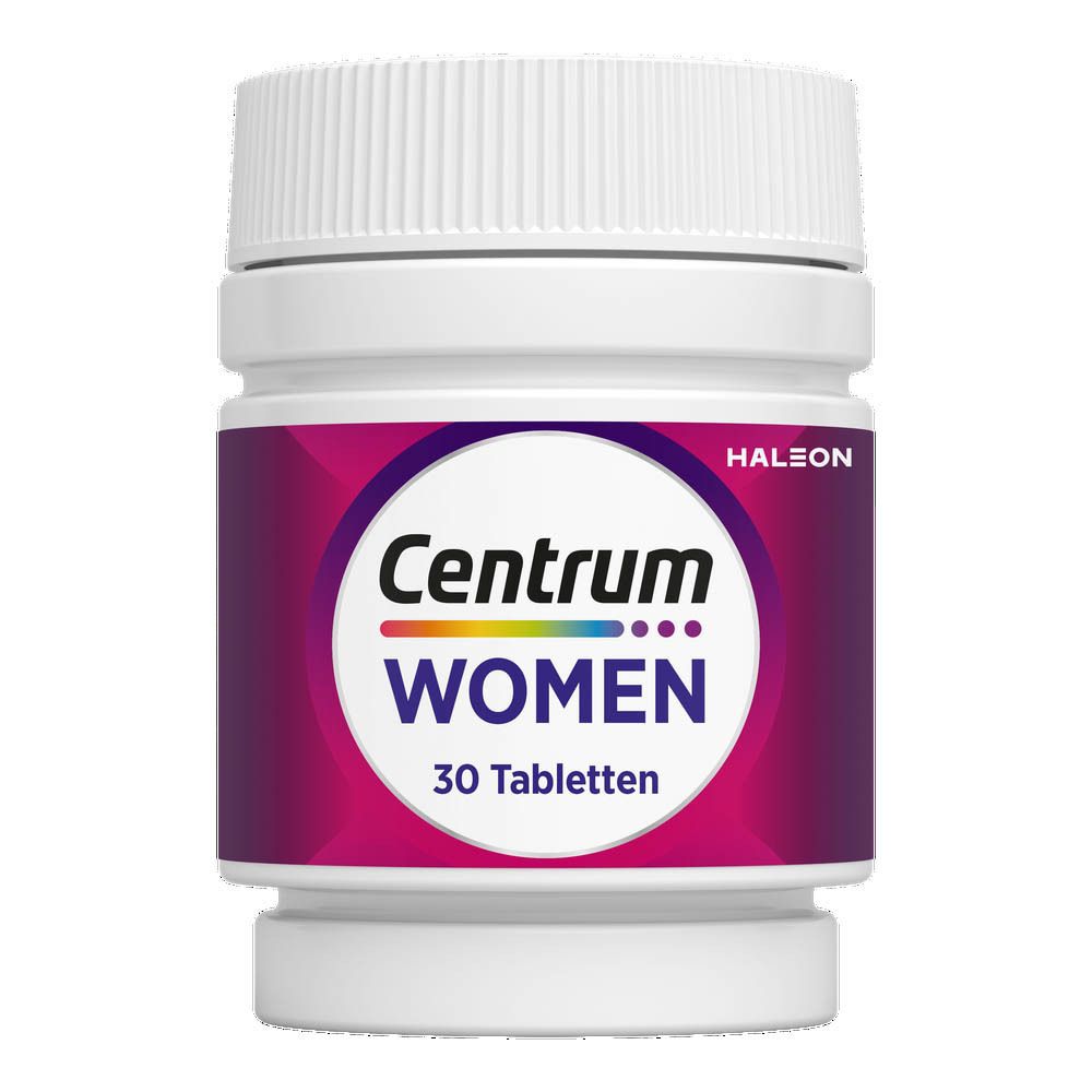 Een flesje Centrum Women met 30 tabletten. Op het flesje staat Centrum Women.