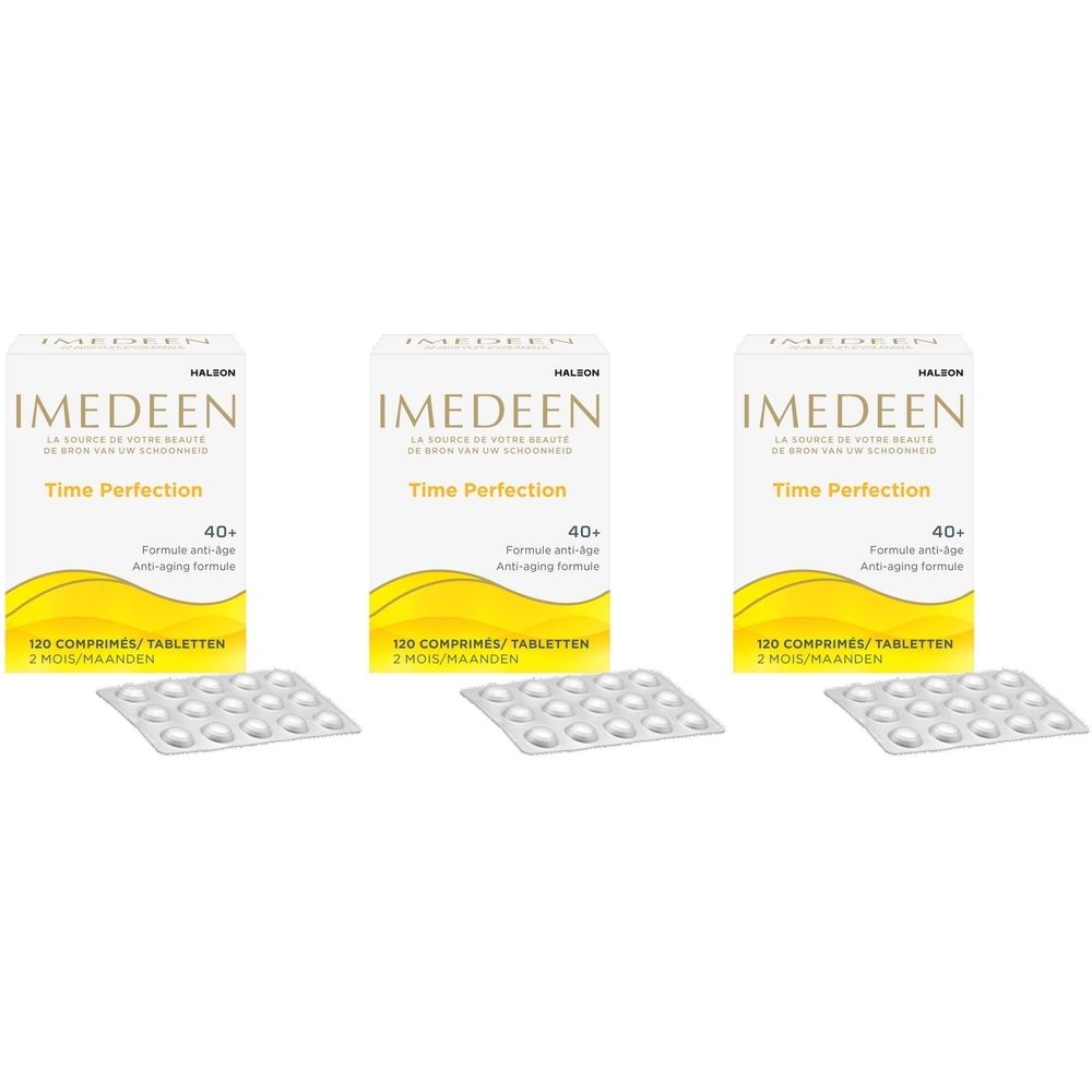 Drie dozen Imedeen Time Perfection 40+ met tablettenstrips. Opschriften: 120 tabletten, anti-aging formule.