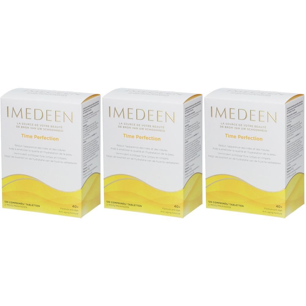 Drie dozen IMEDEEN Time Perfection. Witte verpakking met gele golven en gouden tekst. 40+ op de verpakking.
