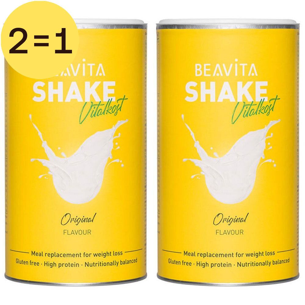 Twee gele blikken met label "BEAVITA SHAKE Vitalkost". Opschrift "Original FLAVOUR". Aanduiding 2=1.