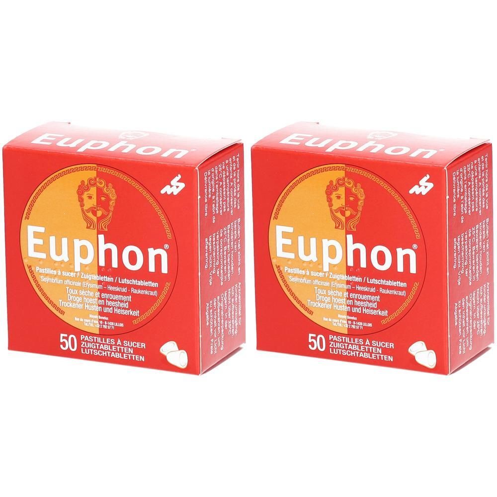 Deux boîtes rouges avec le mot "Euphon". Chaque boîte indique "50 Pastilles à sucer/Lutschtabletten".