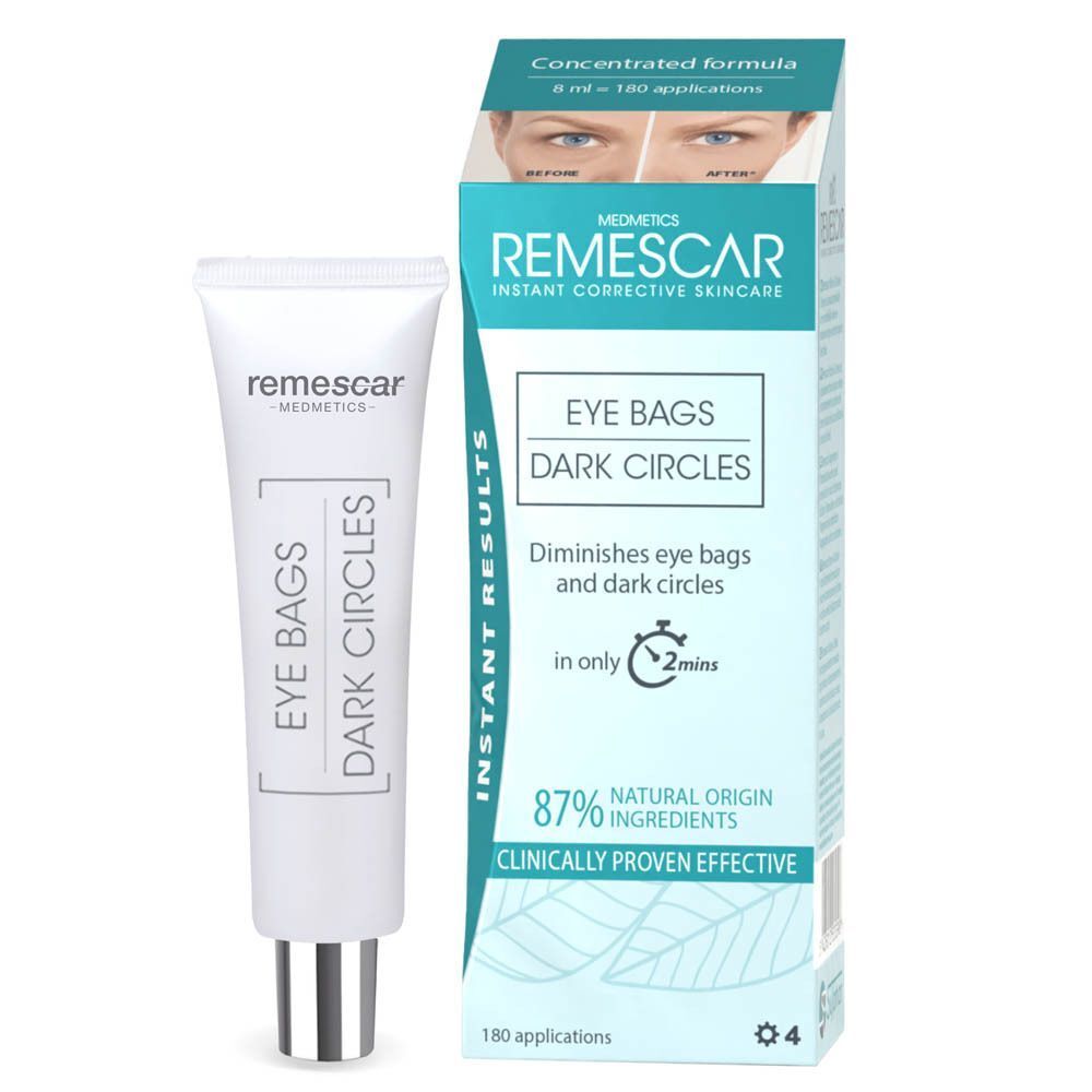 Product en verpakking. Opschrift: REMESCAR, EYE BAGS DARK CIRCLES. Doos met tekst en oogafbeelding.