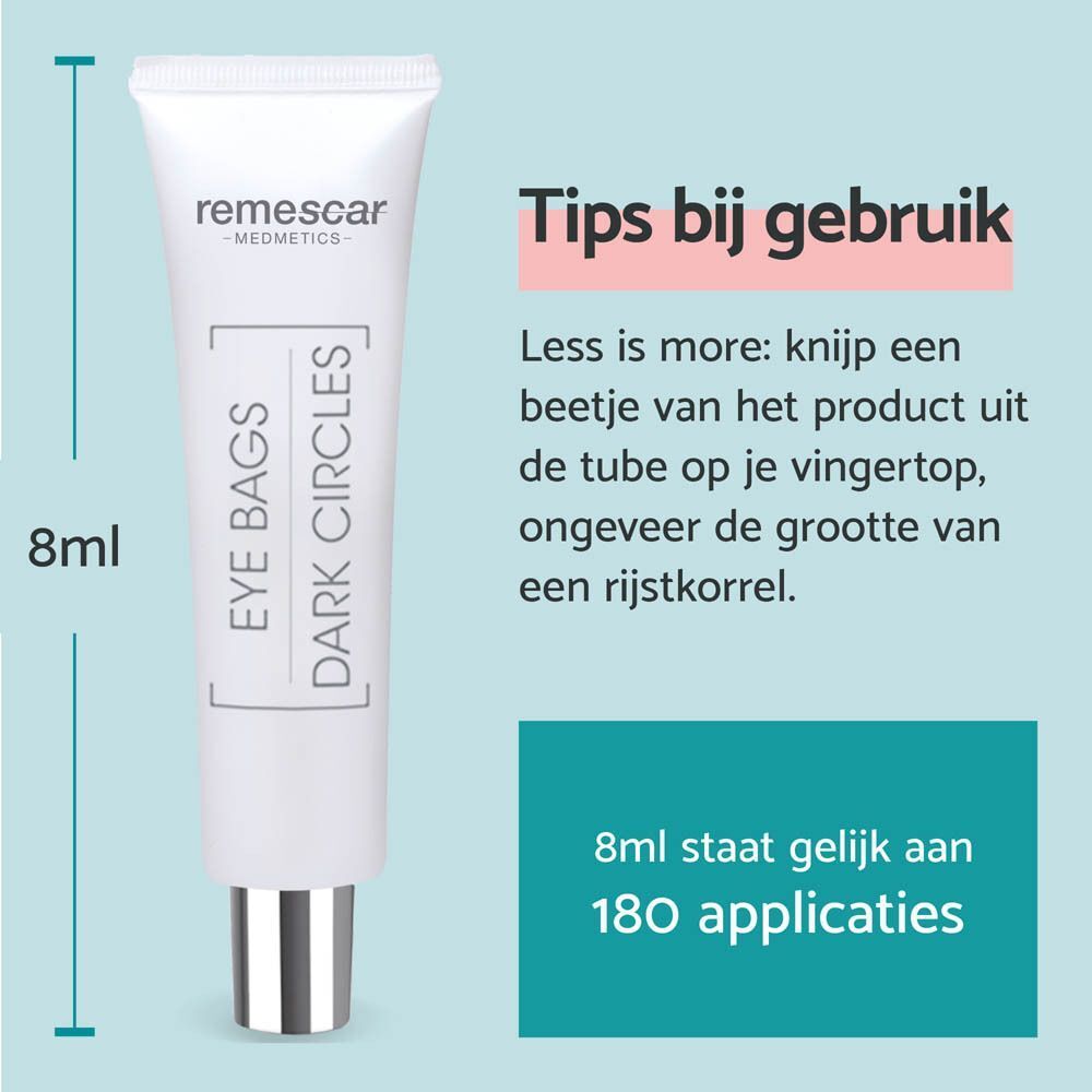 Tube met tekst en maat. Tekst: EYE BAGS DARK CIRCLES. 8ml staat gelijk aan 180 applicaties.