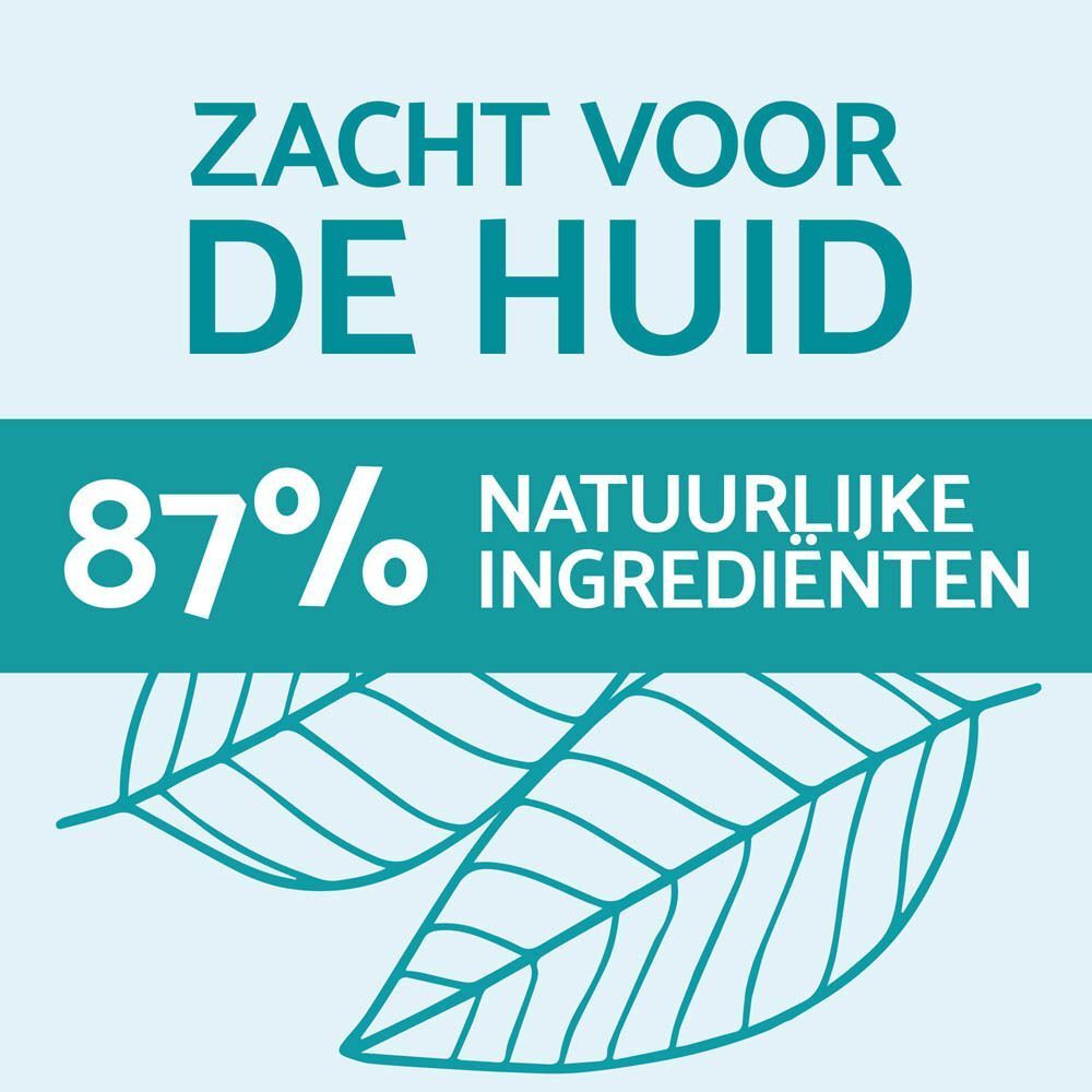 Blad afbeelding met tekst: ZACHT VOOR DE HUID, 87% NATUURLIJKE INGREDIËNTEN.