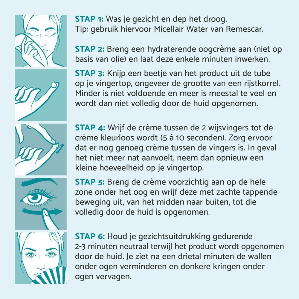 Instructies voor gebruik in 6 stappen. Illustraties tonen de toepassing van het product.
