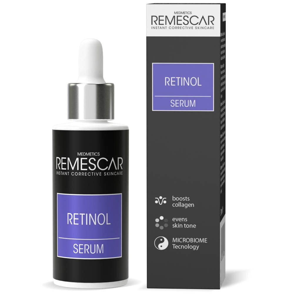 Remescar Retinol Serum fles en doos. Op de fles: Retinol Serum.
