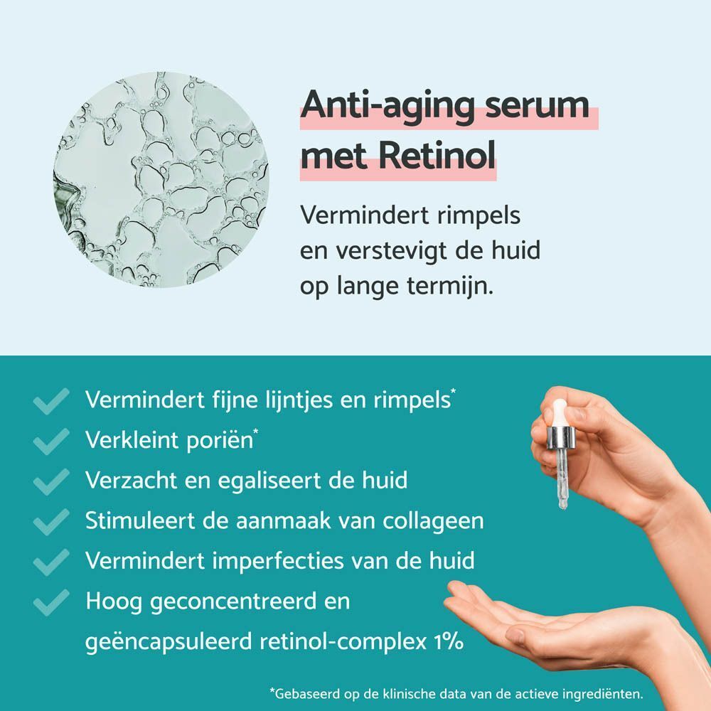 Hand met Retinol Serum. Tekst: Anti-aging serum met Retinol. Vermindert rimpels.