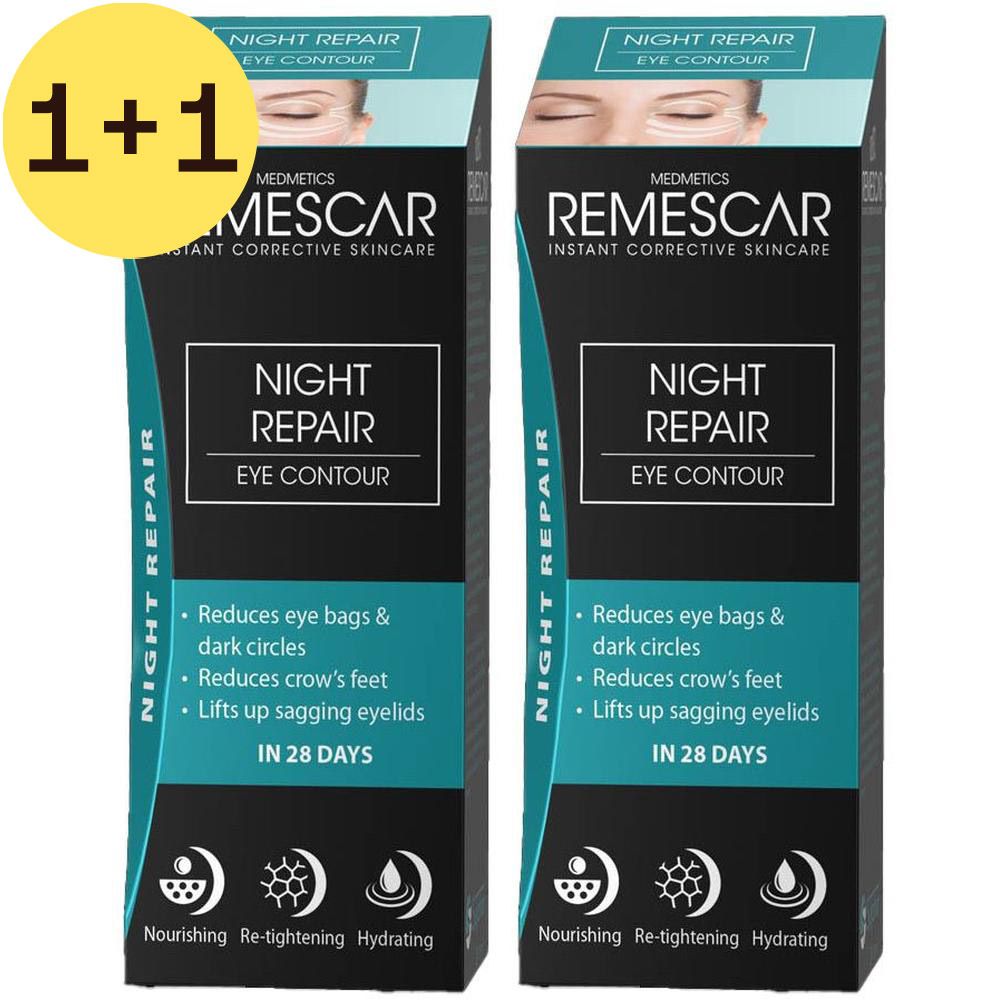 Twee dozen Remescar Night Repair. Opschrift: Night Repair Eye Contour. Vermindert wallen, donkere kringen, kraaienpootjes.