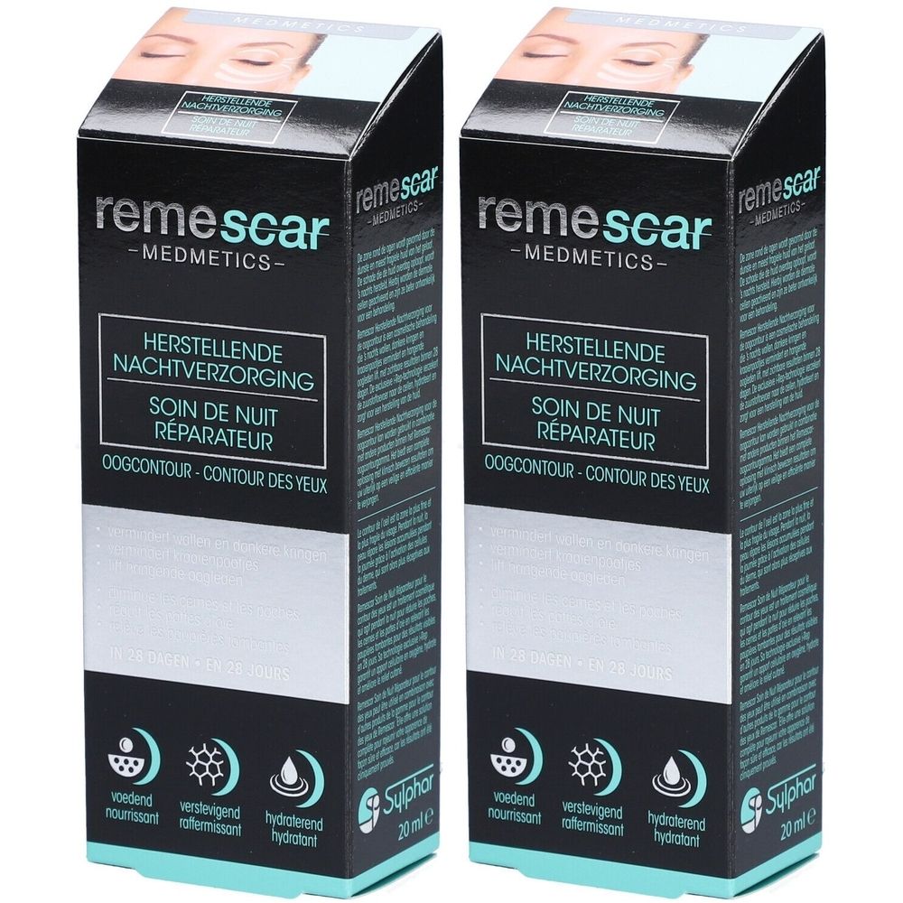 Twee dozen Remescar Night Repair. Opschrift: Herstellende Nachtverzorging, Soin de nuit réparateur, Oogcontour - Contour des yeux.