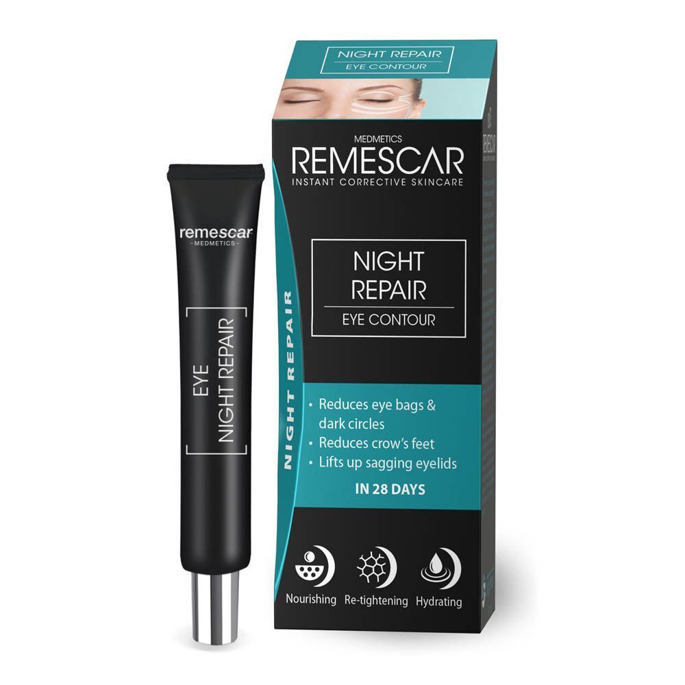 Remescar Night Repair tube en verpakking. Opschrift: Night Repair Eye Contour. Vermindert wallen, donkere kringen, kraaienpootjes.