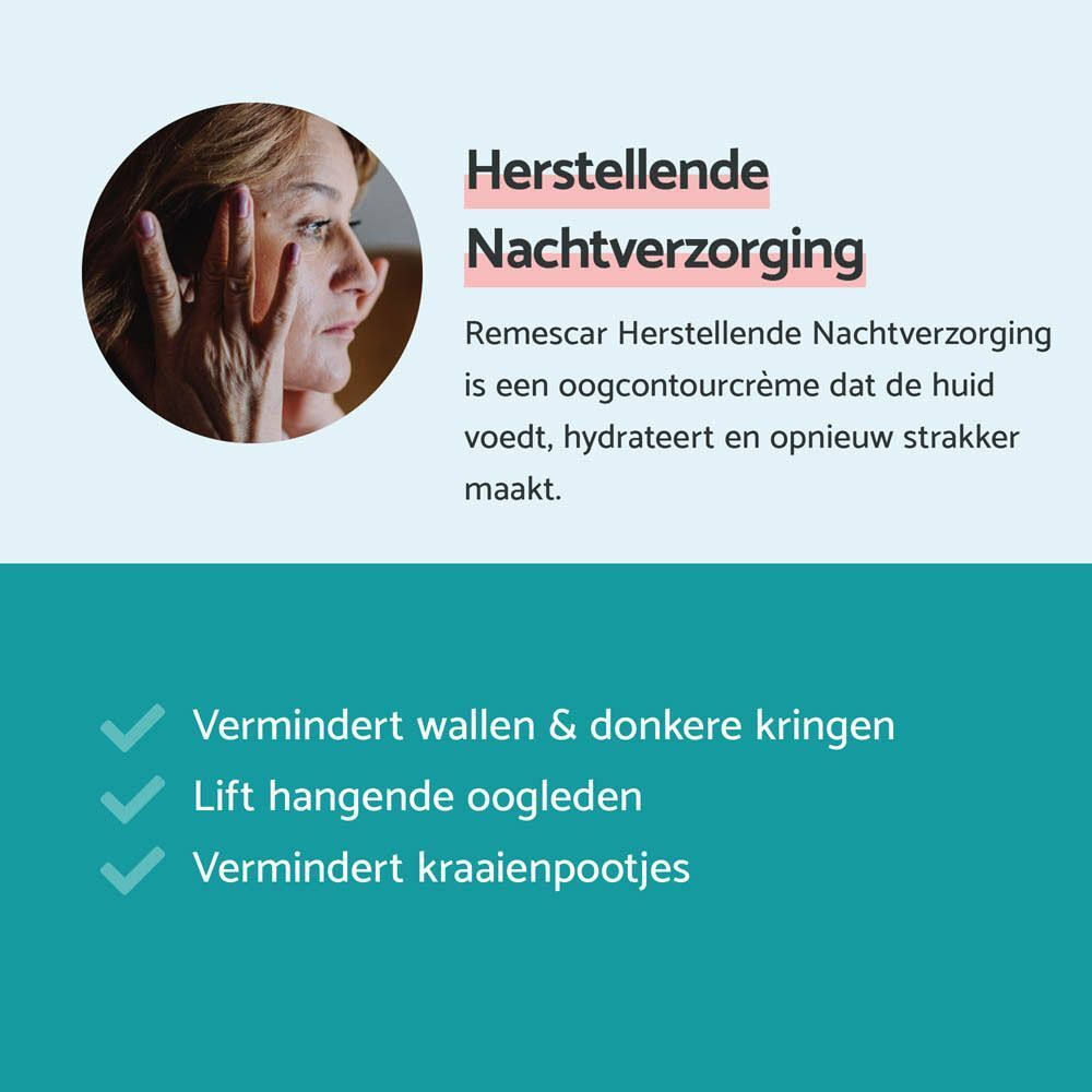 Tekst met afbeelding van een vrouw. Tekst: Herstellende Nachtverzorging. Vermindert wallen & donkere kringen, lift hangende oogleden, kraaienpootjes.