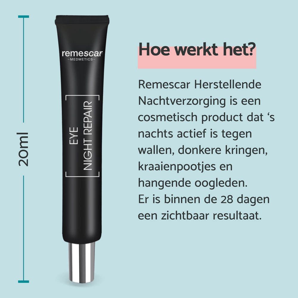 Tube Remescar Night Repair. Tekst: Hoe werkt het? 's Nachts actief tegen wallen, donkere kringen, kraaienpootjes en hangende oogleden.