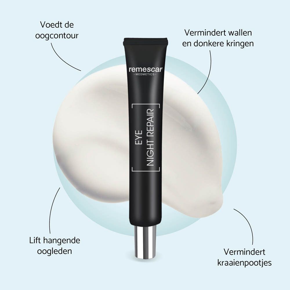 Tube Remescar Night Repair. Tekst: Voedt de oogcontour, vermindert wallen en donkere kringen, lift hangende oogleden, vermindert kraaienpootjes.