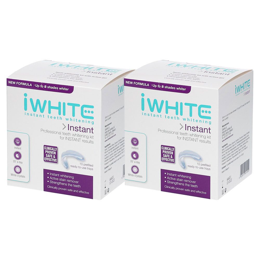 Twee dozen iWhite Instant tandenbleekkit. Opschrift: Instant teeth whitening. Klinisch bewezen, veilig en effectief.