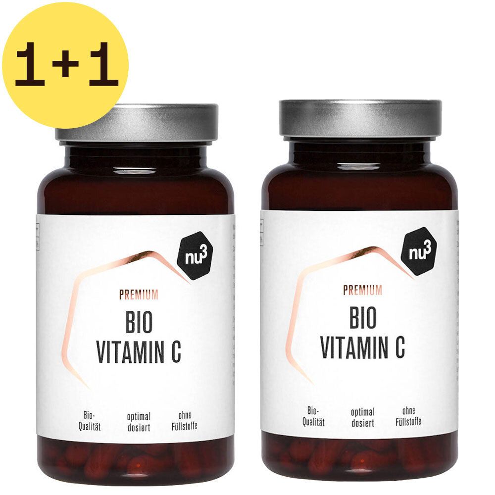 Twee flessen met etiketten. Opschrift: BIO Vitamin C. Gele cirkel met "1+1". 