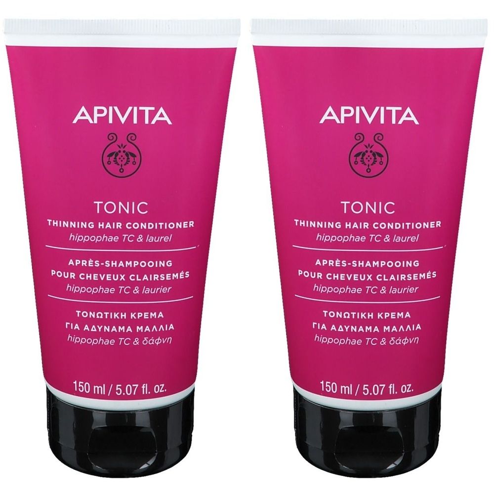 Twee tubes APIVITA Tonic Thinning Hair Conditioner. Roze tubes met zwarte doppen. Tekst: Tonic, Thinning Hair Conditioner, 150 ml.