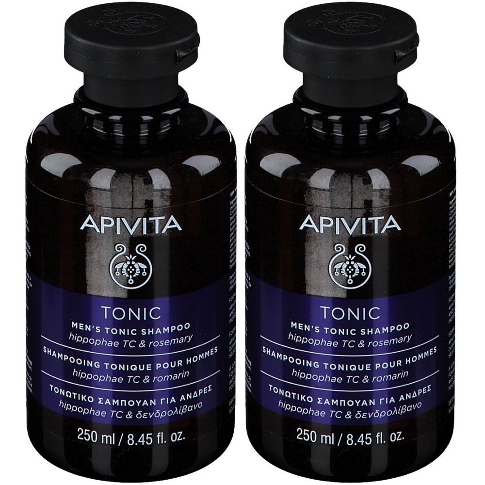 Twee flessen Apivita Men's Tonic Shampoo. Donkere flessen met zwarte doppen. Opschrift: Tonic, Men's Tonic Shampoo, 250 ml.