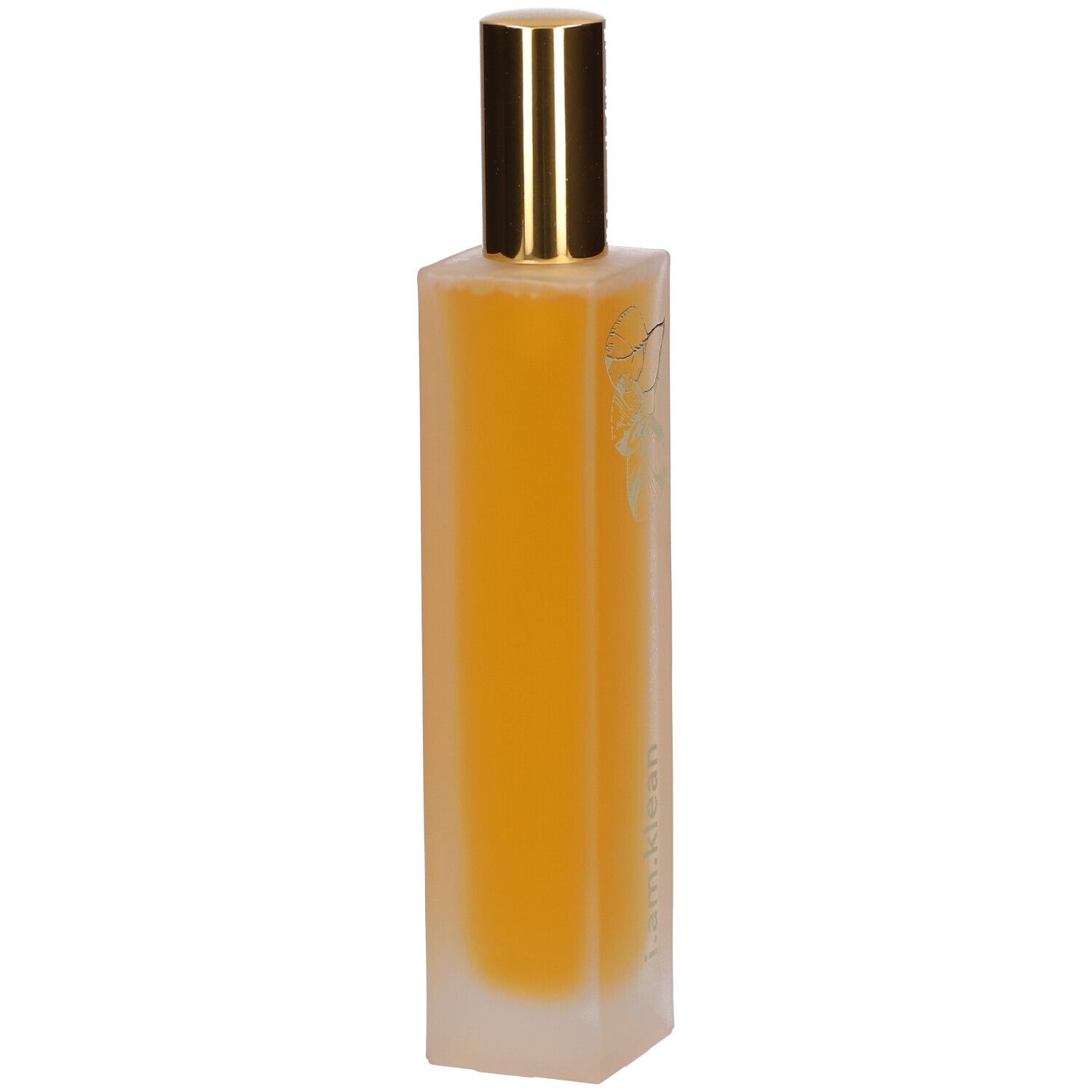 Cilindrische fles met gouden spraykop. Gele vloeistof zichtbaar. Opschrift: i.am.klean.