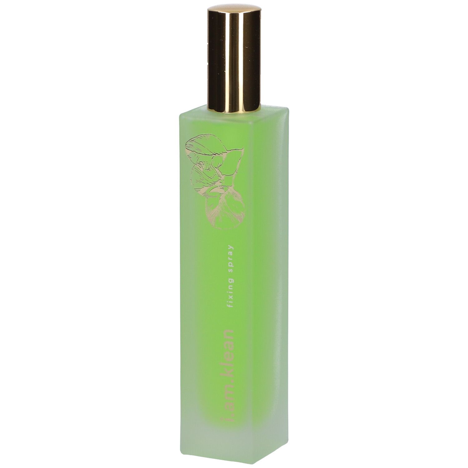 Groene, rechthoekige fles met gouden spraykop. Opschrift: fixing spray. Gouden versieringen.