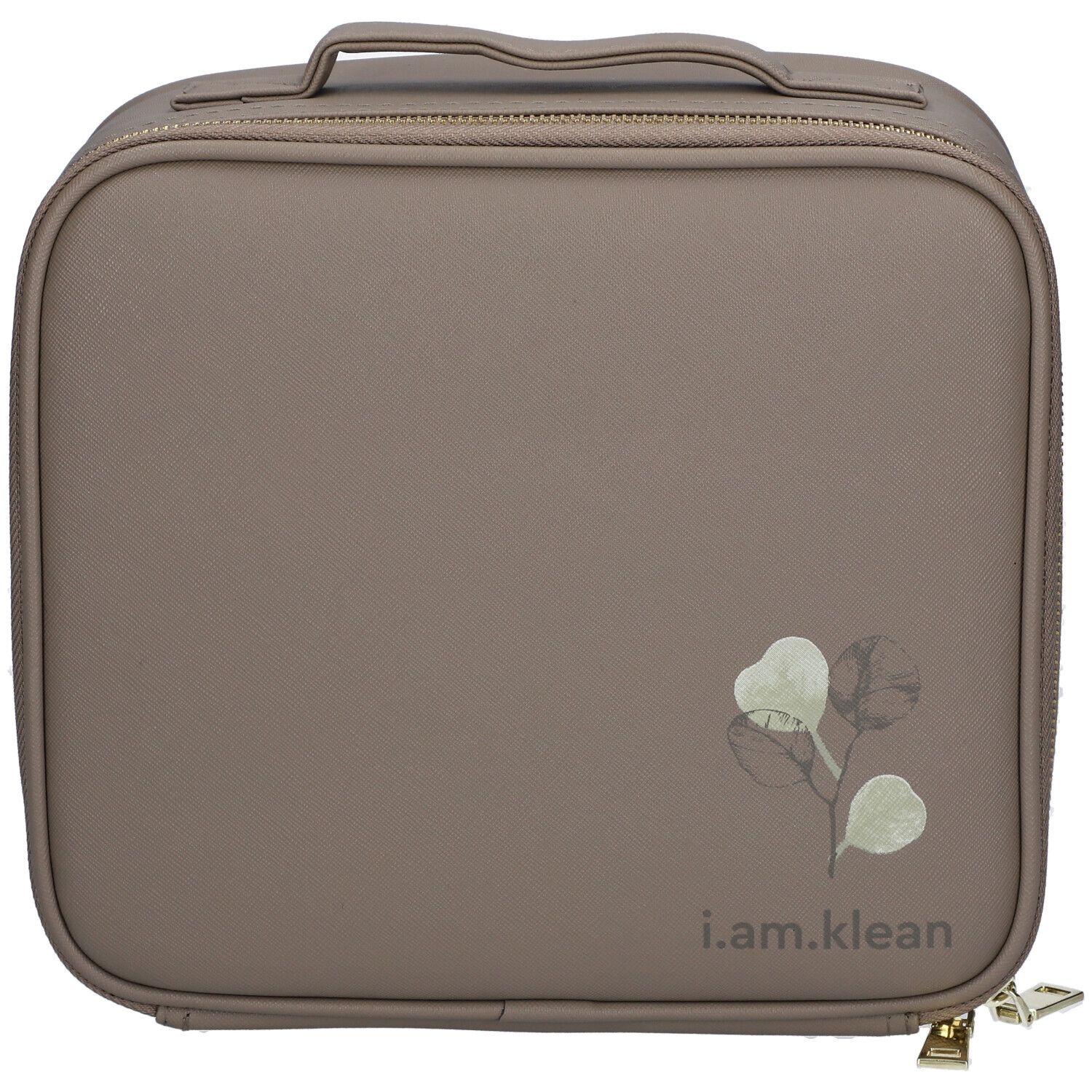 Beige make-upkoffer met ritssluiting en handvat. Opdruk: bladeren en tekst i.am.klean.