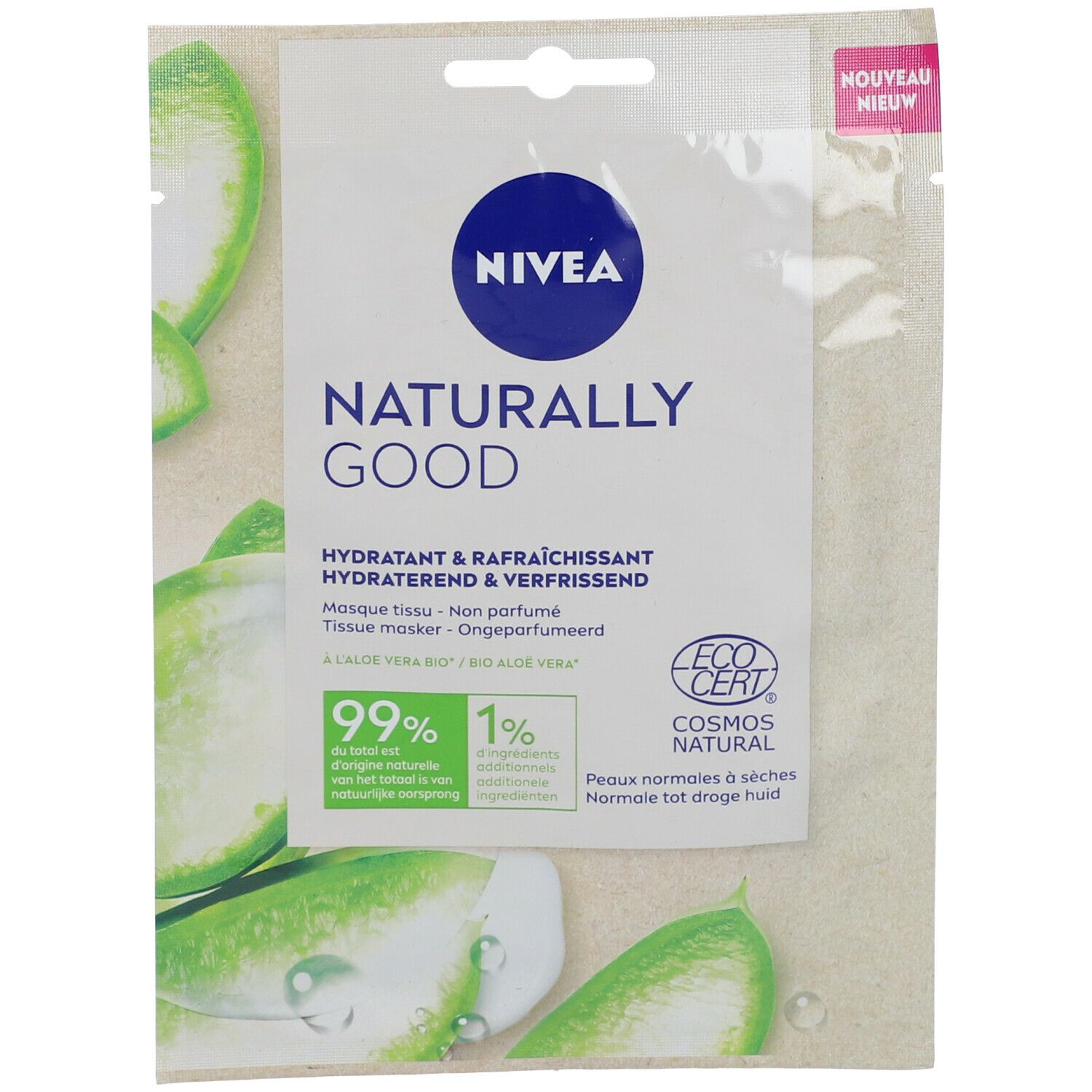 Masque tissu NIVEA Naturally Good, face avant. Emballage avec logo, texte et motif aloe vera. Label EcoCert.