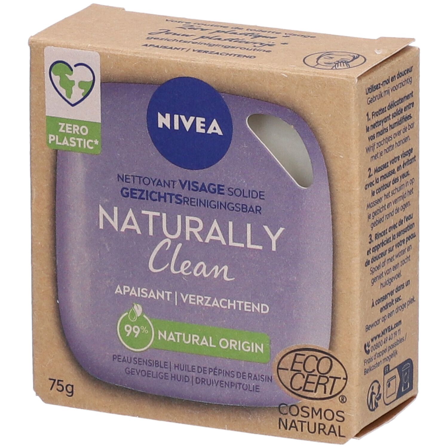 Nivea Naturally Clean Nettoyant Visage Solide Apaisant Peau Sensible Huile de Pépins de Raisin