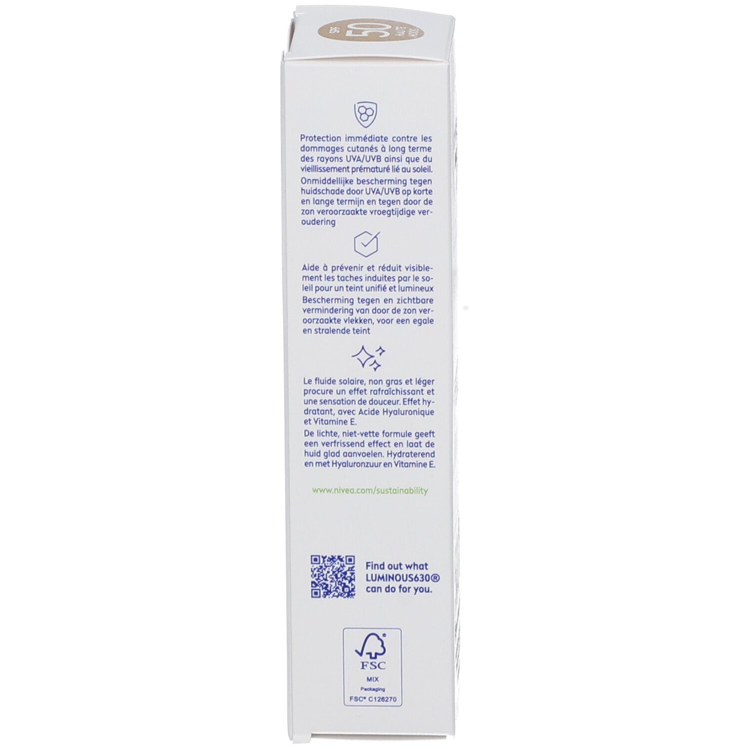 Dos de l'emballage carton de Nivea Sun Luminous 630° Anti-Taches Fluide SPF50. Texte multilingue. Label FSC.