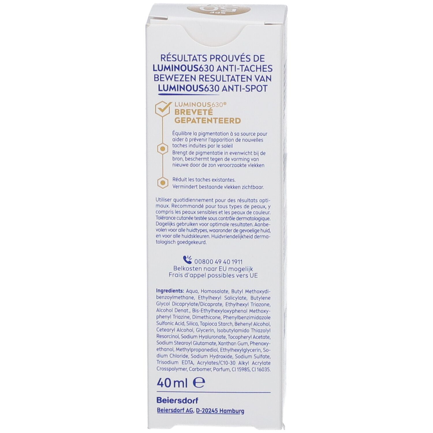 Côté de l'emballage carton de Nivea Sun Luminous 630° Anti-Taches Fluide SPF50. Texte: ingrédients, 40ml. Marque et nom non visibles.