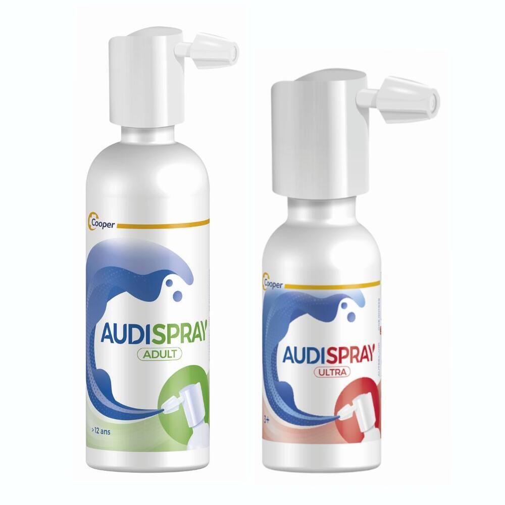Twee witte spuitflessen met witte sproeikop. Opschrift: Audispray Adult en Ultra. Merk: Cooper.