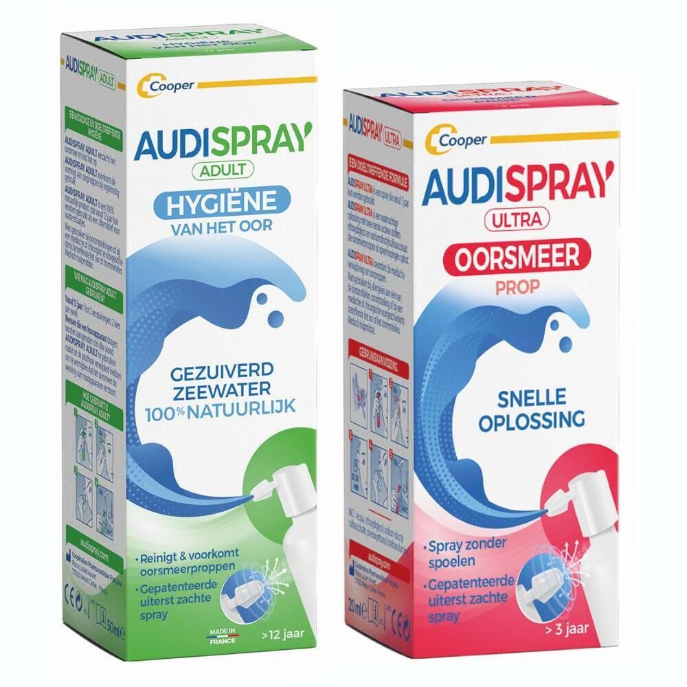 Twee dozen met Audispray. Opschrift: Audispray Adult en Ultra. Verpakking met productafbeelding en tekst.