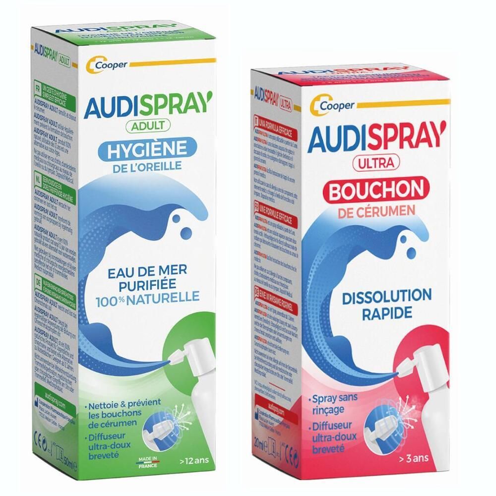 Twee dozen met Audispray. Opschrift: Audispray Adult en Ultra. Verpakking met productafbeelding en tekst.