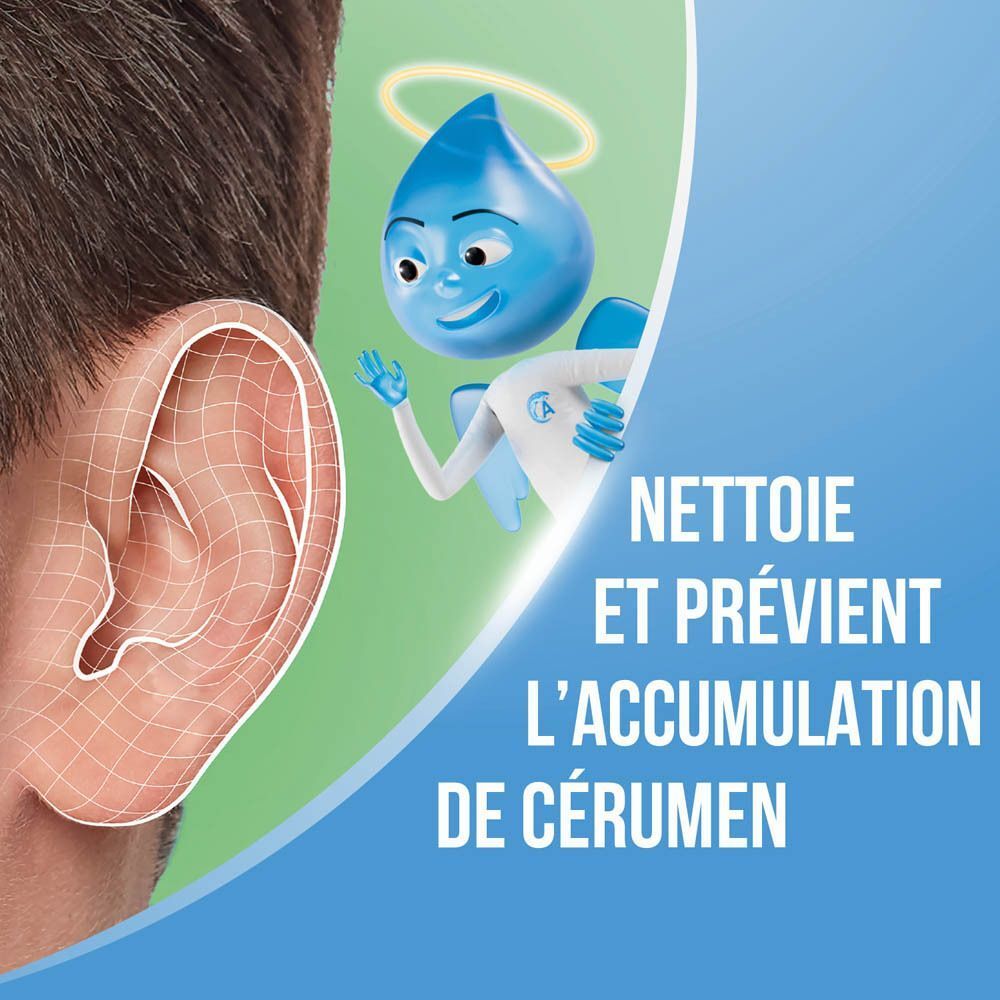 Oreille avec quadrillage. Texte: Nettoie et prévient l'accumulation de cérumen.