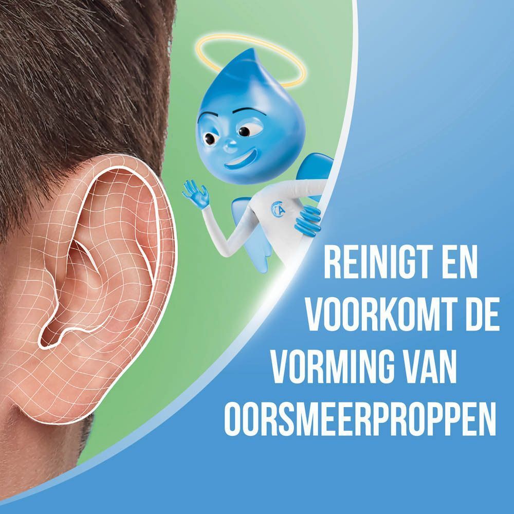 Oor met raster. Tekst: Reinigt en voorkomt de vorming van oorsmeerproppen.