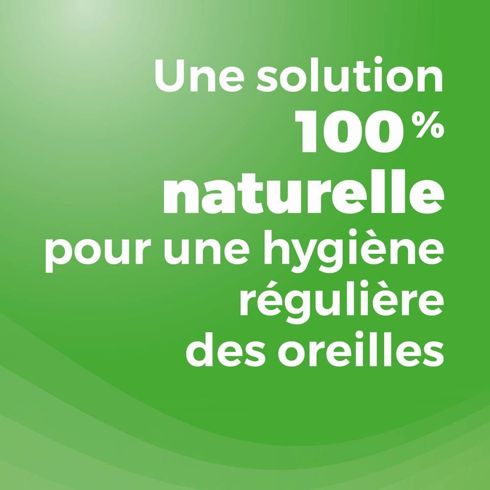 Fond vert. Texte: Une solution 100% naturelle pour une hygiène régulière des oreilles.