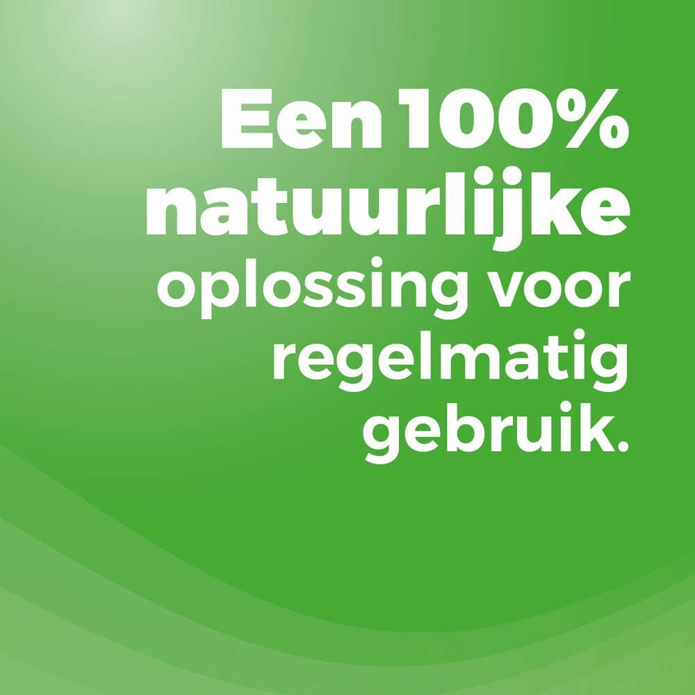 Groene achtergrond. Tekst: Een 100% natuurlijke oplossing voor regelmatig gebruik.