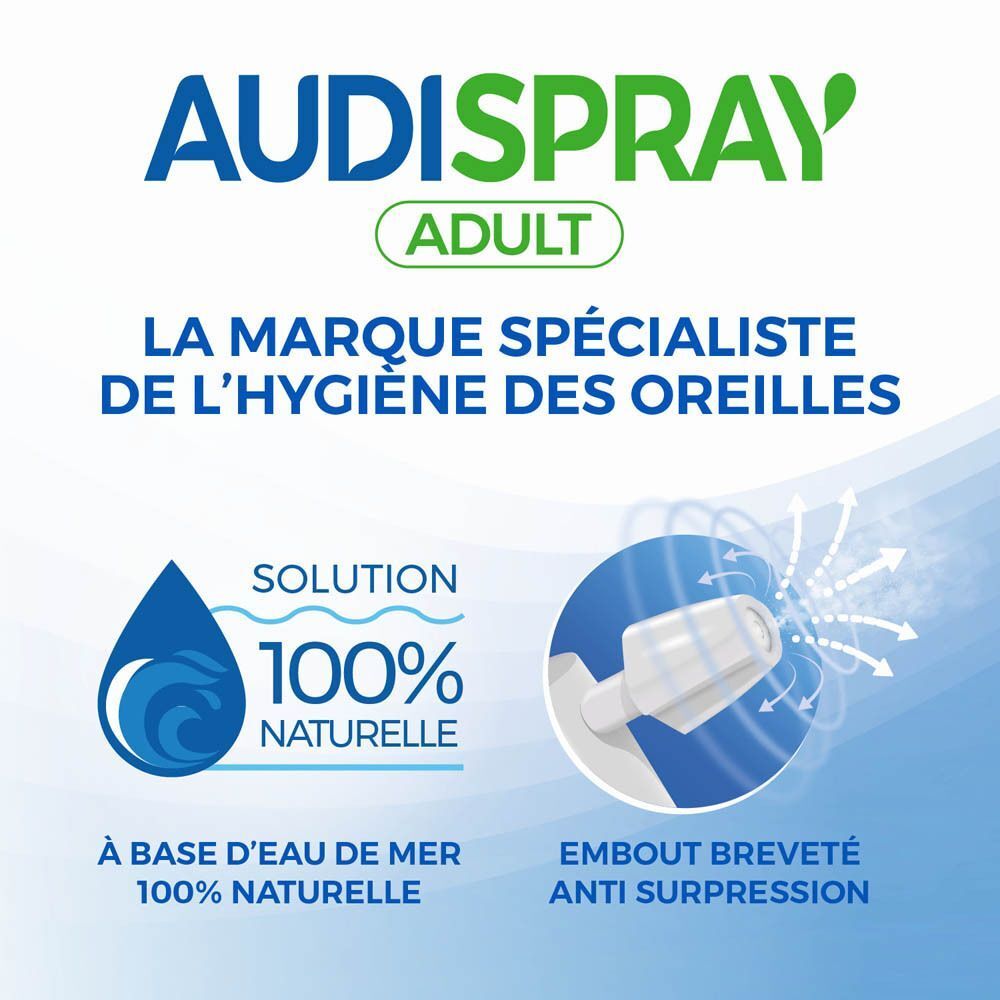 Logo Audispray Adult. Texte: La marque spécialiste de l'hygiène des oreilles. 100% naturelle.