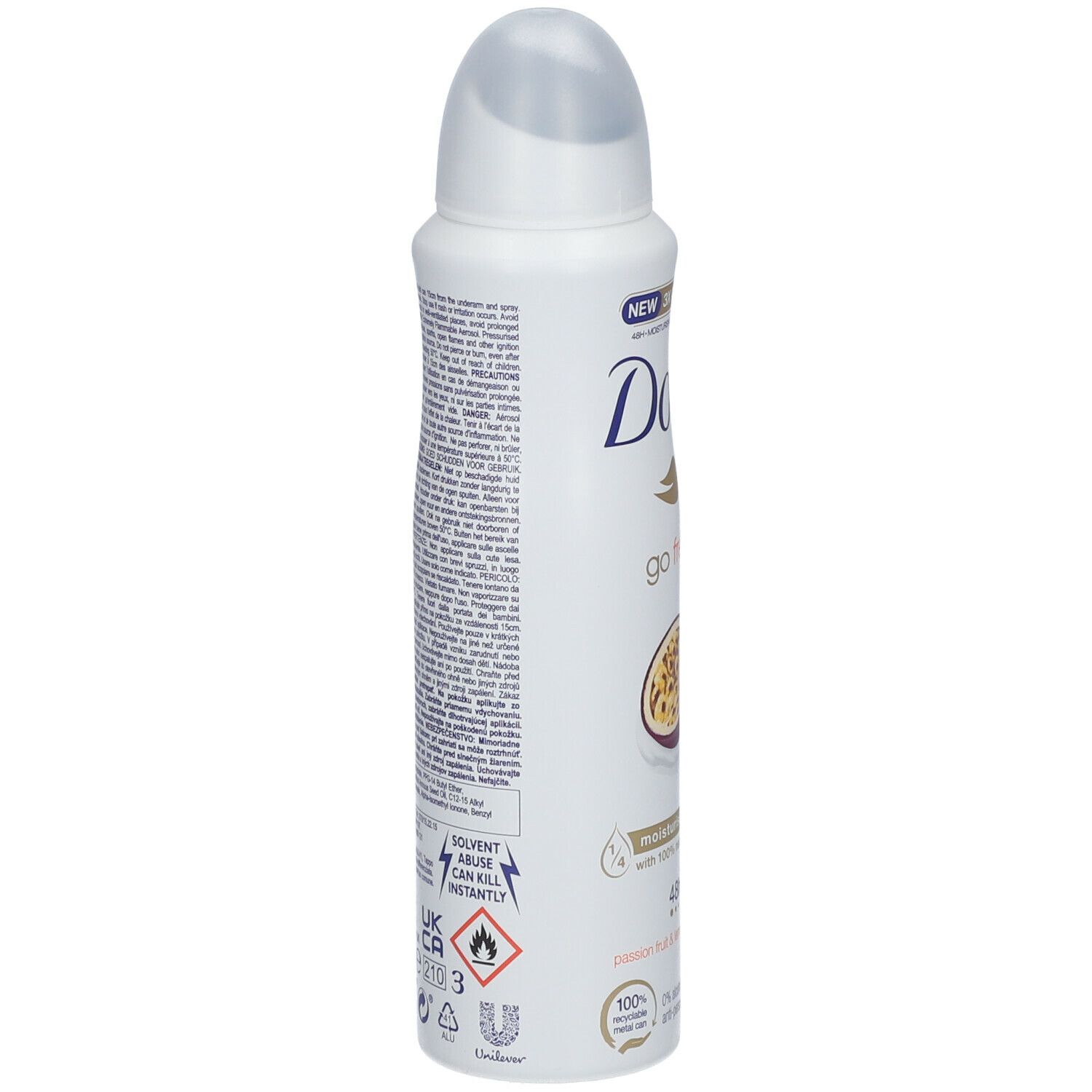 Spray déodorant blanc, vue latérale. Informations textuelles au dos. Contient des avertissements et des consignes de sécurité.