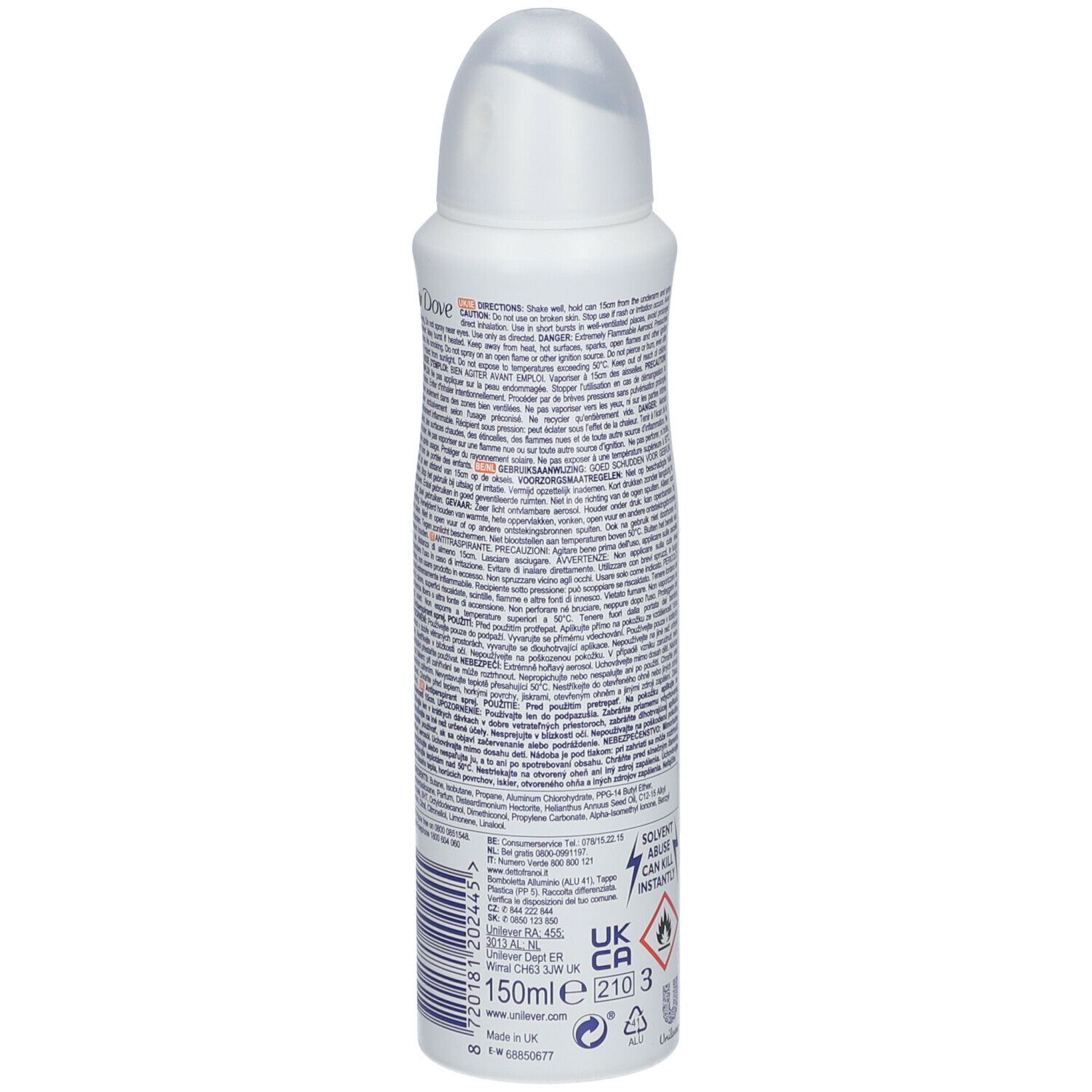 Spray déodorant blanc, vue arrière. Informations textuelles, avertissements et ingrédients. Volume : 150 ml.