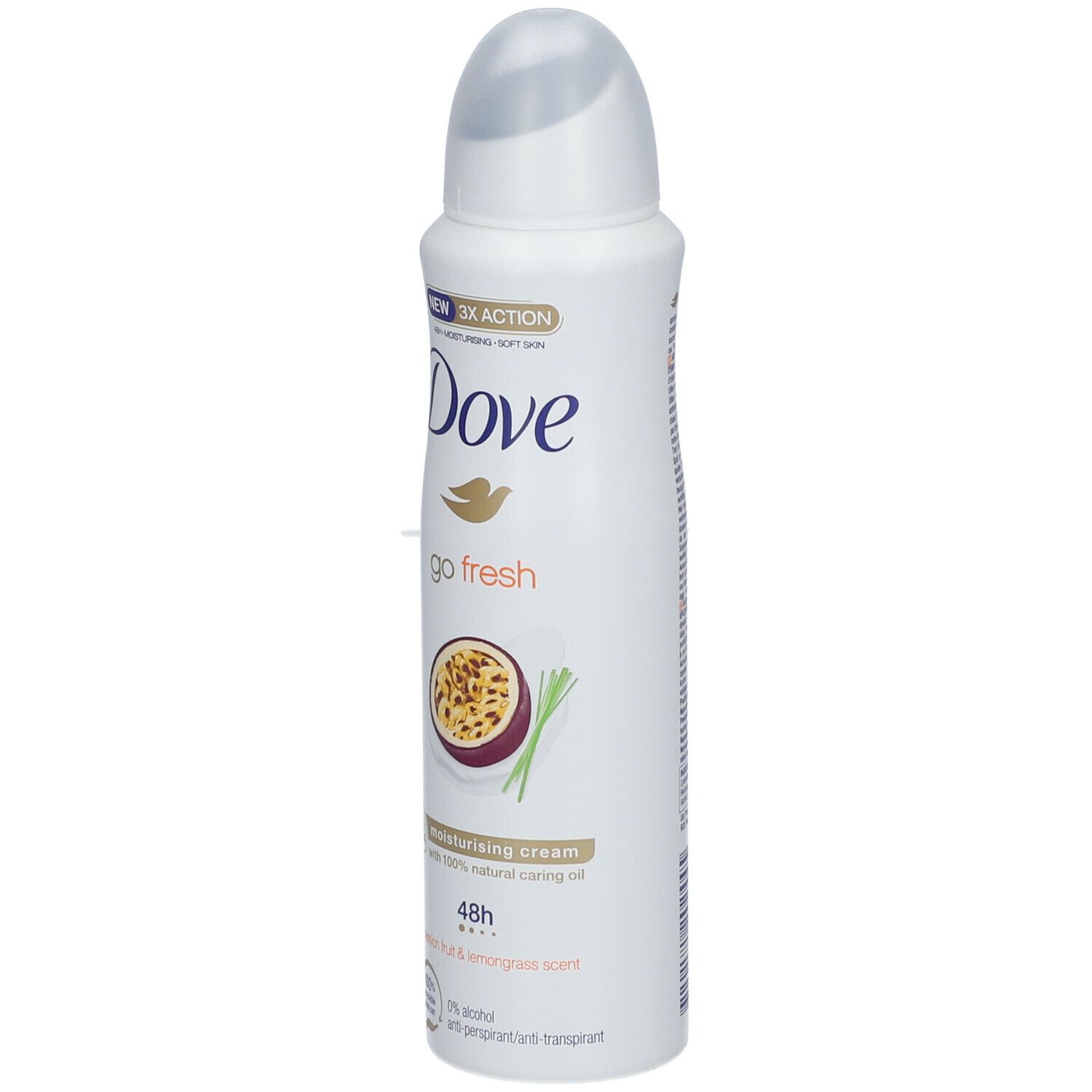 Spray déodorant blanc, légèrement en biais. Logo Dove et nom du produit. Illustration de fruit de la passion et citronnelle. 48h.