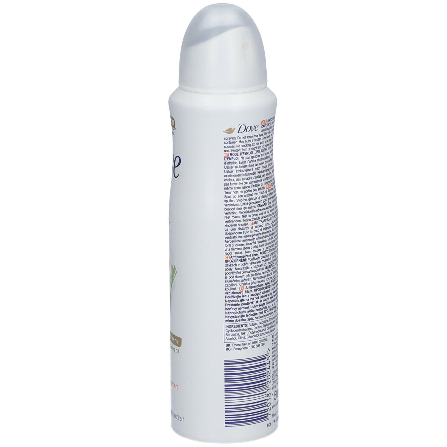 Spray déodorant blanc, vue latérale. Informations textuelles au dos. Logo Dove visible.