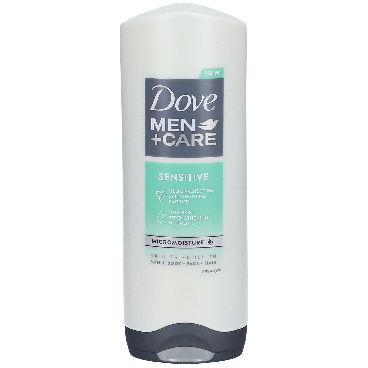 Flacon de gel douche Dove Men+Care Sensitive. Blanc-gris, bouchon noir. Texte : Sensitive, Micromoisture, 3-en-1.