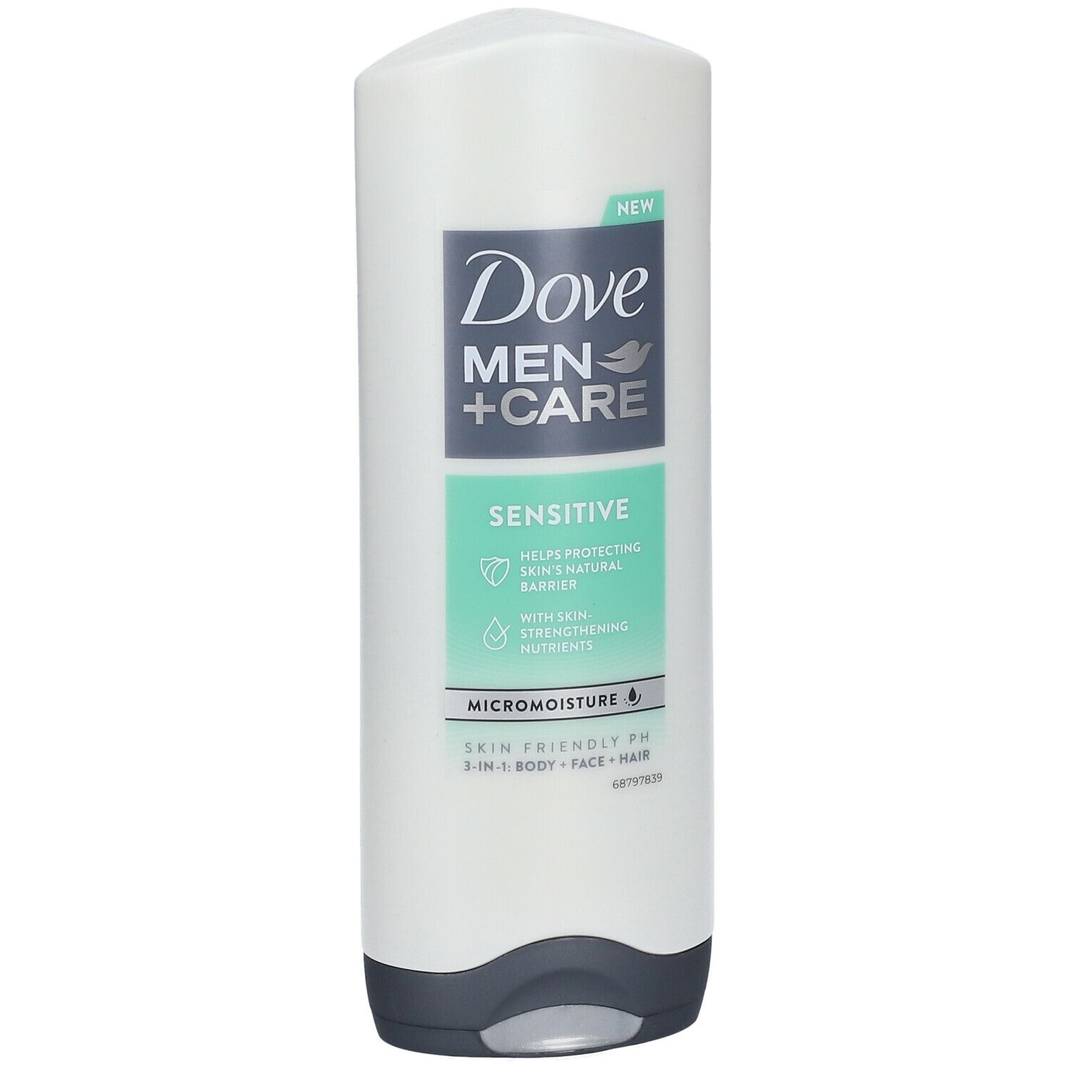 Flacon de gel douche Dove Men+Care Sensitive. Blanc-gris, bouchon noir. Texte : Sensitive, Micromoisture, 3-en-1.