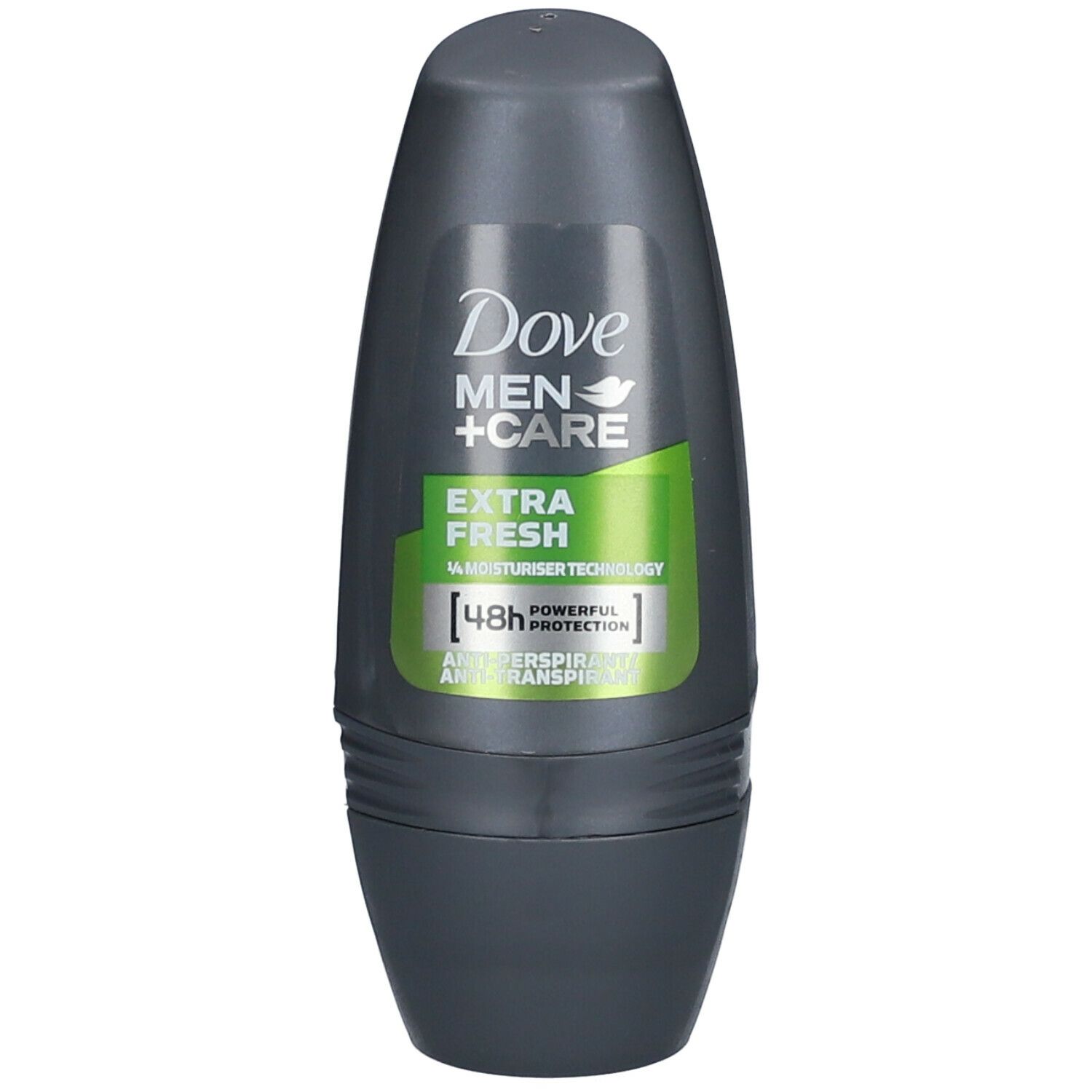 Grijze roll-on deodorant. Label met Dove Men+Care, Extra Fresh en 48u bescherming. Groene en witte accenten.