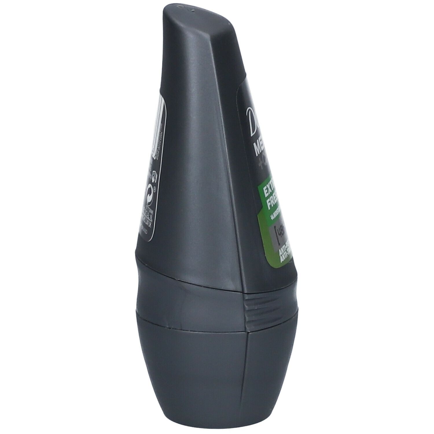 Grijze roll-on deodorant. Zijaanzicht. Zwarte dop. Label met tekst.