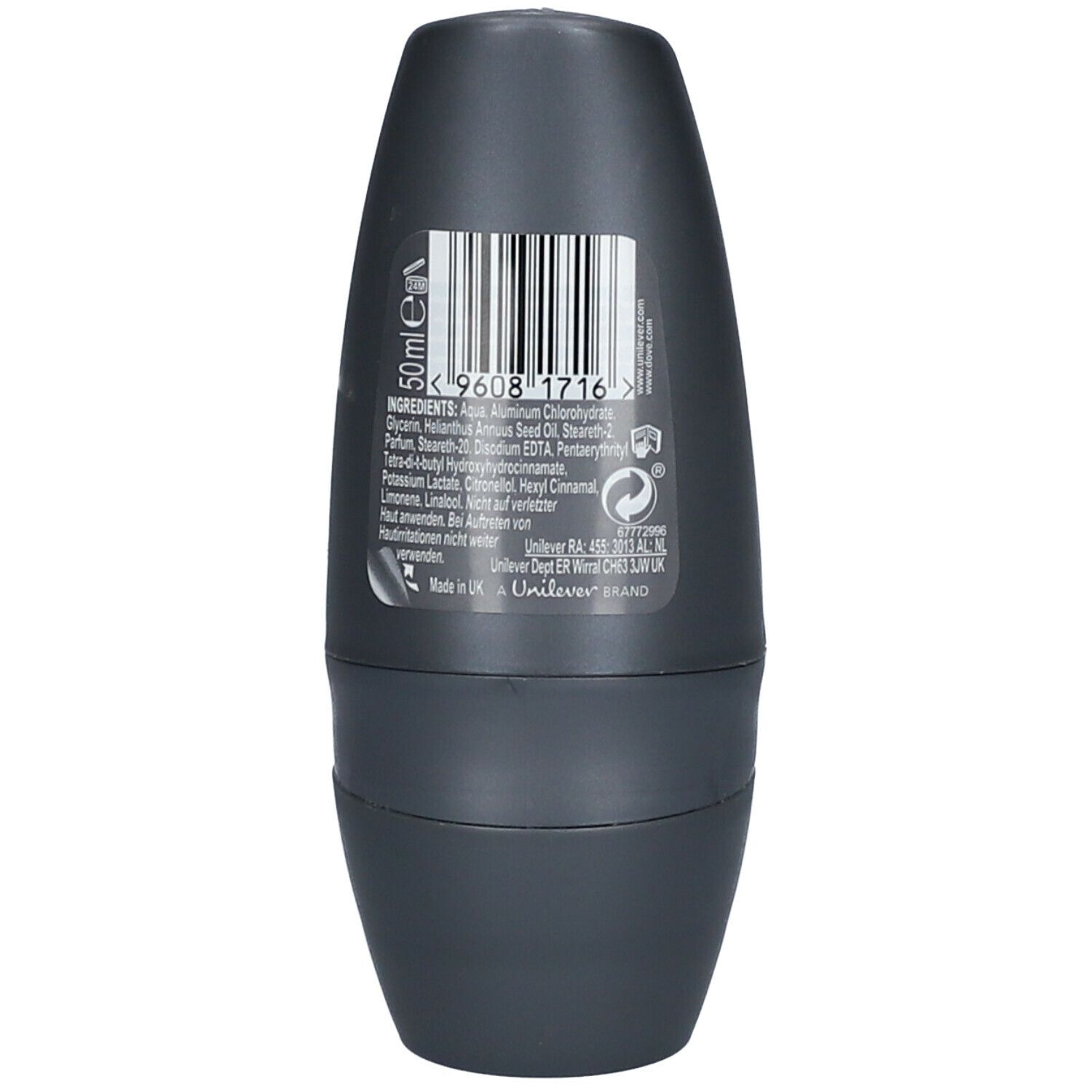 Grijze roll-on deodorant. Achterkant met barcode en ingrediënten. Unilever logo.